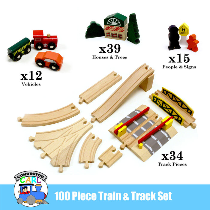 Brybelly Conductor Carl 100 Piece Wooden Train Set