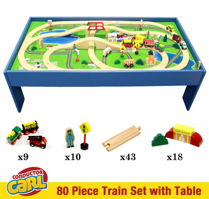 Brybelly Train Conductor Carl 80-Piece Wooden Train Set With Table