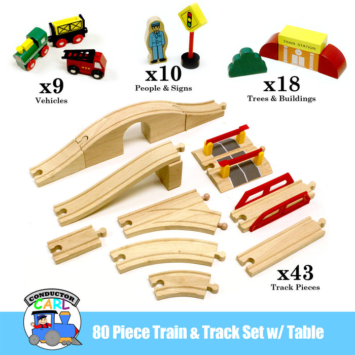 Brybelly Train Conductor Carl 80-Piece Wooden Train Set With Table
