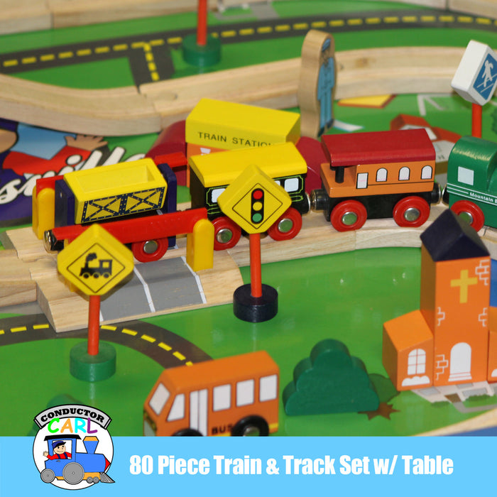 Brybelly Train Conductor Carl 80-Piece Wooden Train Set With Table