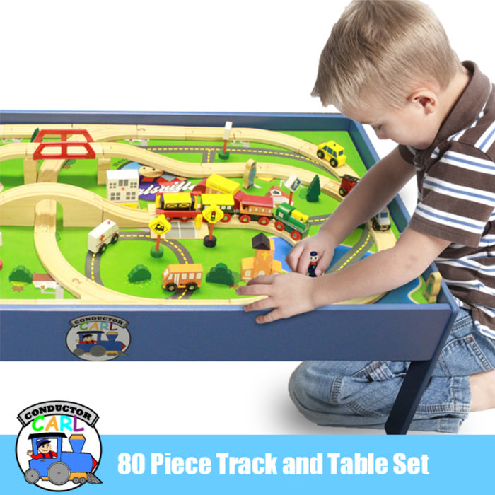 Brybelly Train Conductor Carl 80-Piece Wooden Train Set With Table